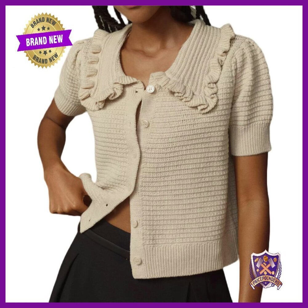 Ruffle Collar Knit Cardigan Short Sleeve Button Down Cropped Ribbed